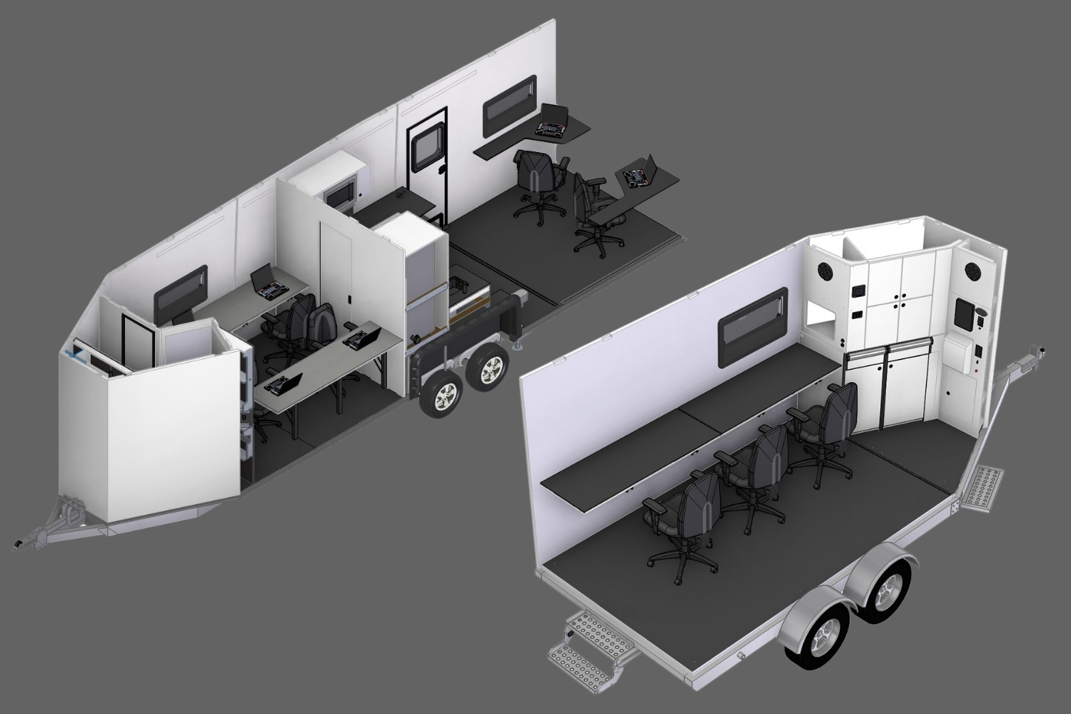 3D renderings of a CORE trailer 8019 model that is set up for a office space